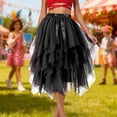 thumbnail image 2 of Women's Ruffled Tulle Midi Skirt High Waisted Satin Bow Irregular Hem Mesh Midi Skirts Stretchy Comfy Layered Party Outfits, 2 of 4