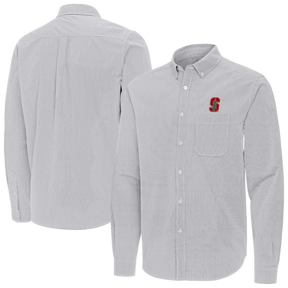 Men's Antigua Gray Stanford Cardinal Porter Woven Tri-Blend Long Sleeve Button-Down Shirt
