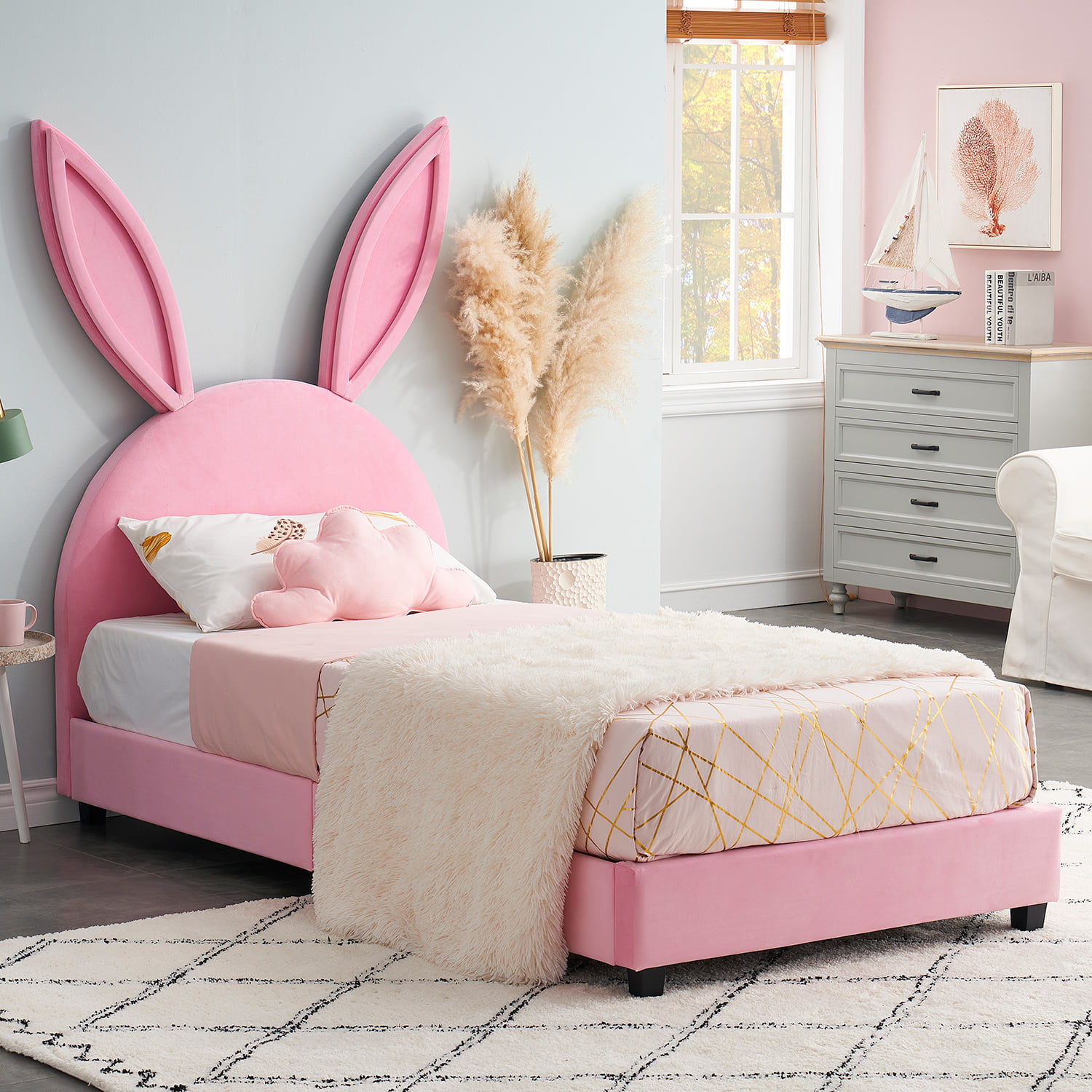 VECELO Kids Children Upholstered Bed Frame, Rabbit Shape, Twin Size