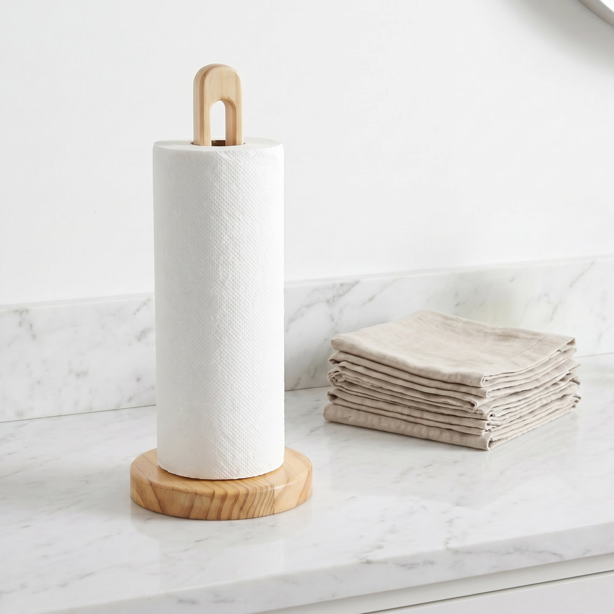 Unique Bargains Paper Towel Holder Countertop Modern Base Wood Light brown 11.4x5.1inch