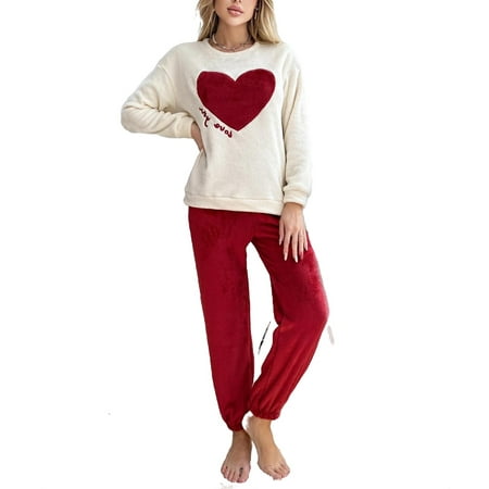 

Cute Heart Print Round Neck Pant Sets Long Sleeve Red and White Womens Pajama Sets (Women s)
