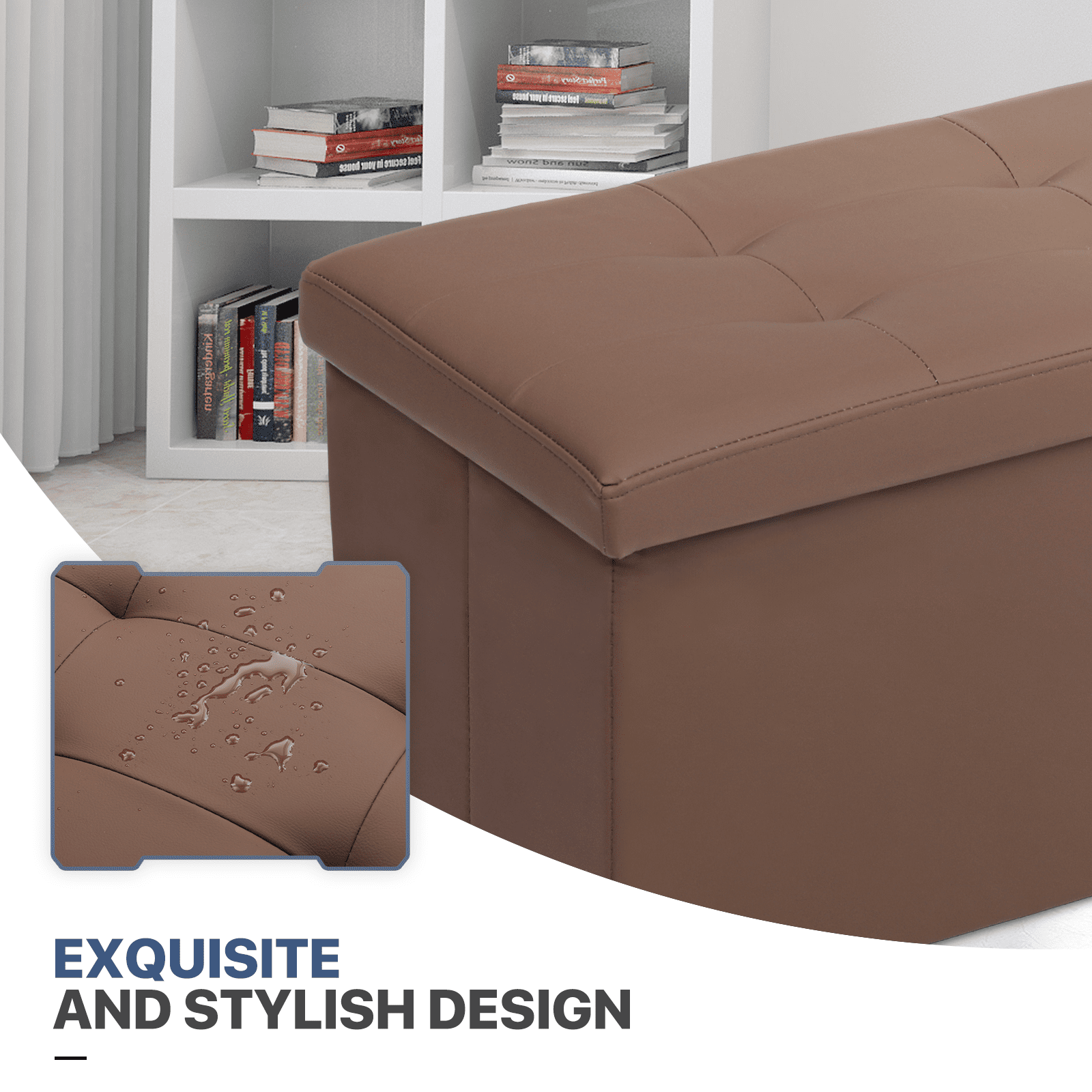 MoNiBloom 43" Collapsible Ottoman with Storage, PU Leather Storage Ottoman Bench, Modern Storage Footstool for Living Room Bedroom Entryway, Brown