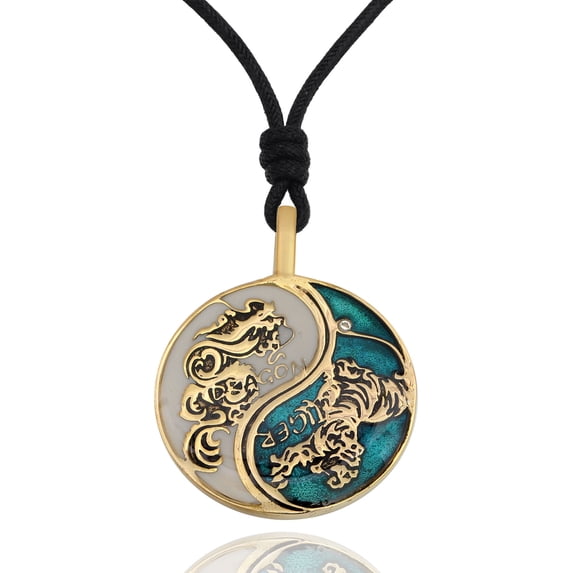 White & Blue Tiger Dragon Yin Yang Handmade Brass Necklace Pendant Jewelry With Cotton Cord