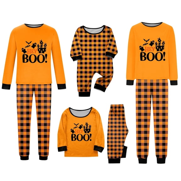 Onlypjs Matching Halloween Pajamas for Family Orange Plaid Sleepwear Pjs Sets Hey Boo Happy Halloween Loungewear for Adults Women Men Couples 2 Piece