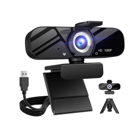 Full HD Webcam with Built-in Microphone and Rotatable Tripod, 1080P Video and Wide Angle Camera, Privacy Cover, for Desktop PC or Laptop Computer