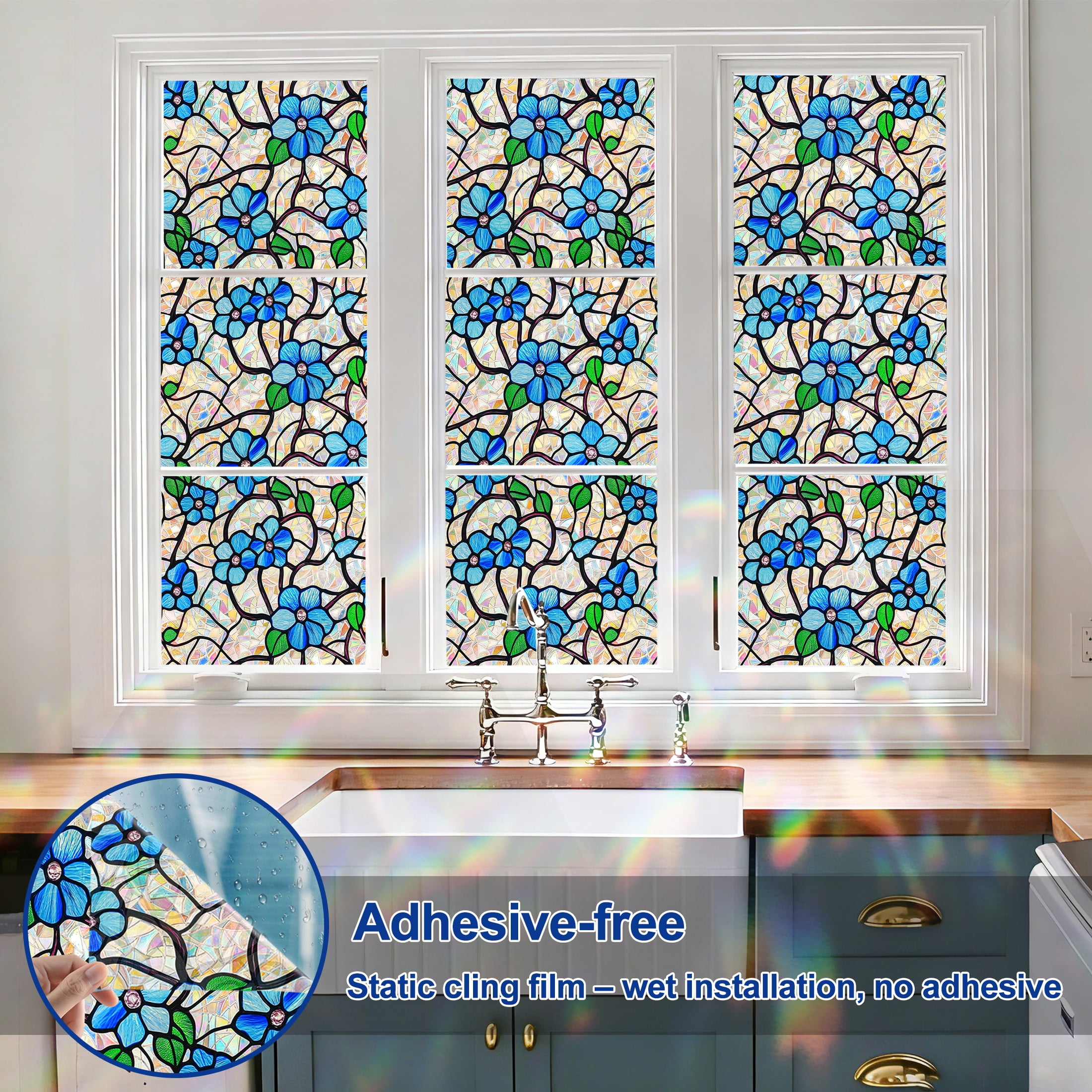 Countewol Window Privacy Film with Installation Tools Home Decorative Colored Glass Window Stickers Reusable electrostatic Rainbow Stickers