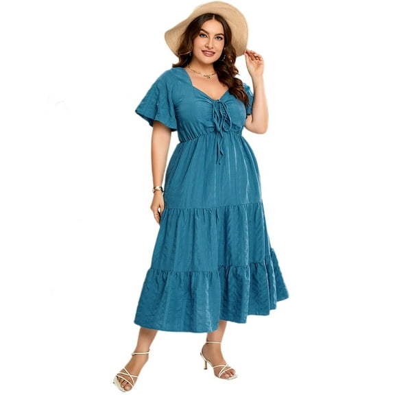 IDOPIP Women's Plus Size Summer Dress Sweetheart Neckline Short Sleeve Ruffle Hemline A Line Tiered Dress