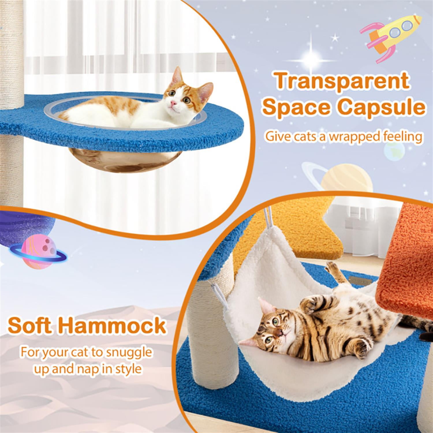 Kadyn Cat Tree with Toy, Cat Tower Condo for Indoor Cats with UFO Top Perch Space Capsule, Cozy Hammock and Sisal Scratching Posts, Blue