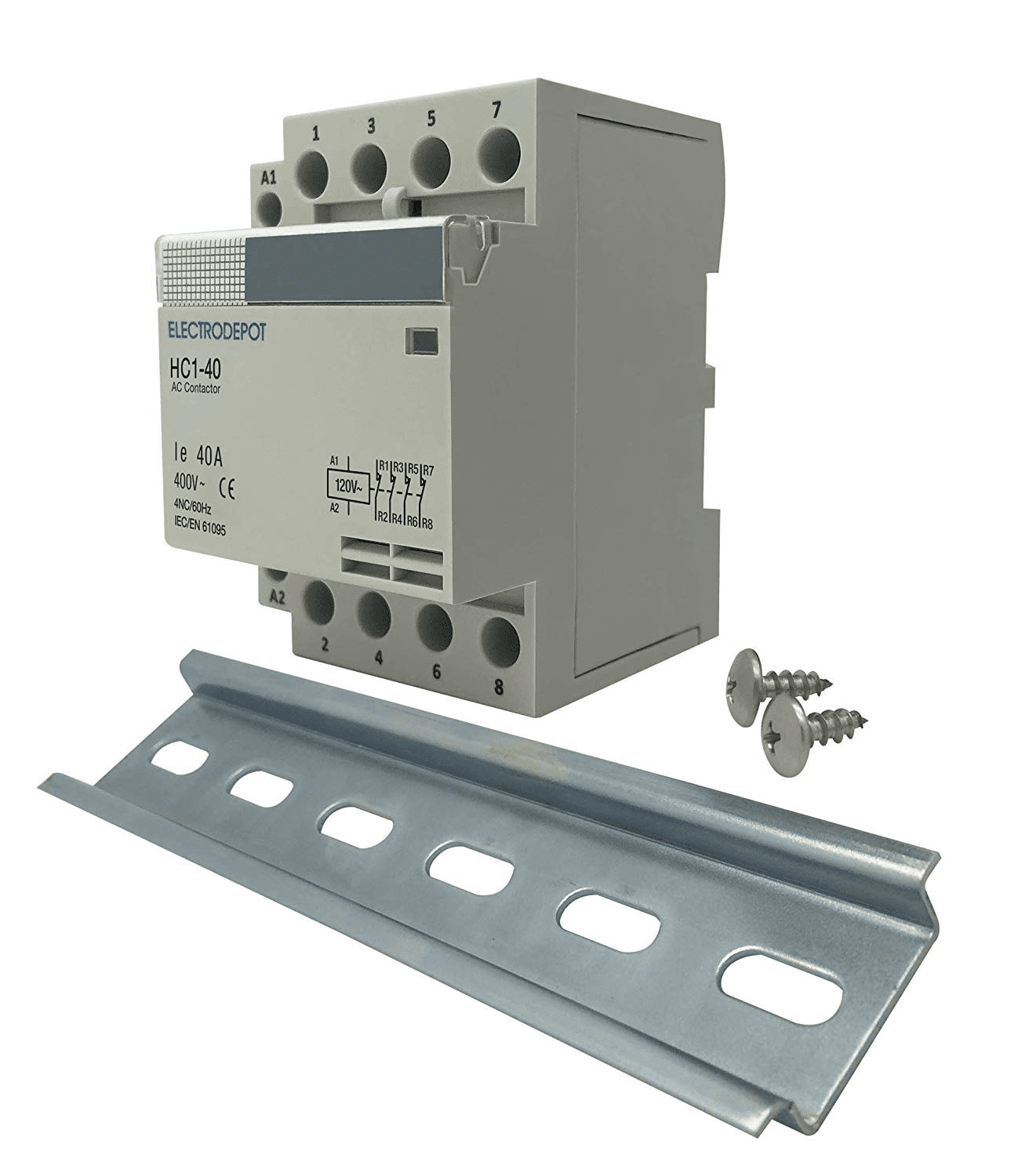 40A 8 Pole NO 110/-120VAC Contactor with 35x150 mm DIN Rail and 2 #10 Screws 