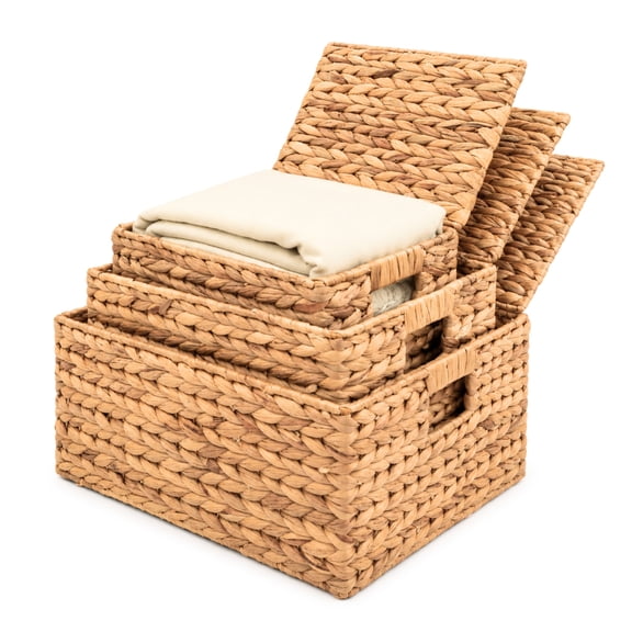 Set of 3 Wicker Baskets with Lid - Woven Storage Basket with Lid - Decorative Storage Boxes for Bathroom, Bedroom and Shelve