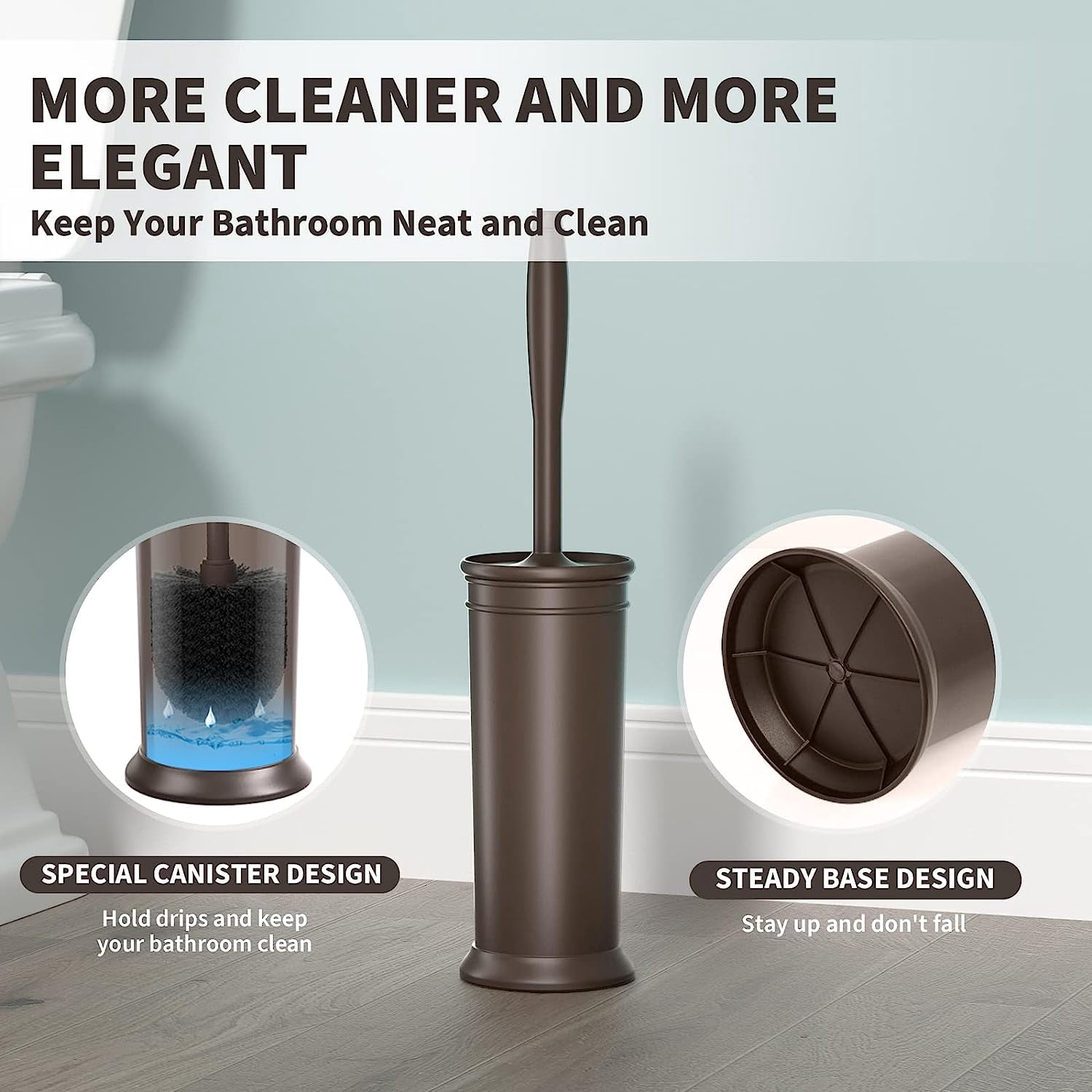 Toilet Brush and Holder 2 Pack, Toilet Bowl Brush with Extra Long Handle, Toilet Scrubber and Covered Holder, Toilet Brushes for Bathroom-Space Saving, Covered Brush, Durable, Deep Cleaning(Bronze)