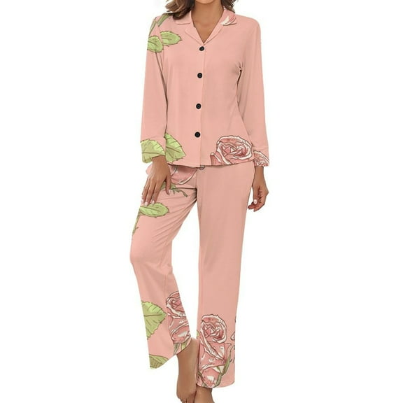 PoBuds Women's Long Sleeve Flannel Pajama Set Sleepwear Rose Illustration L