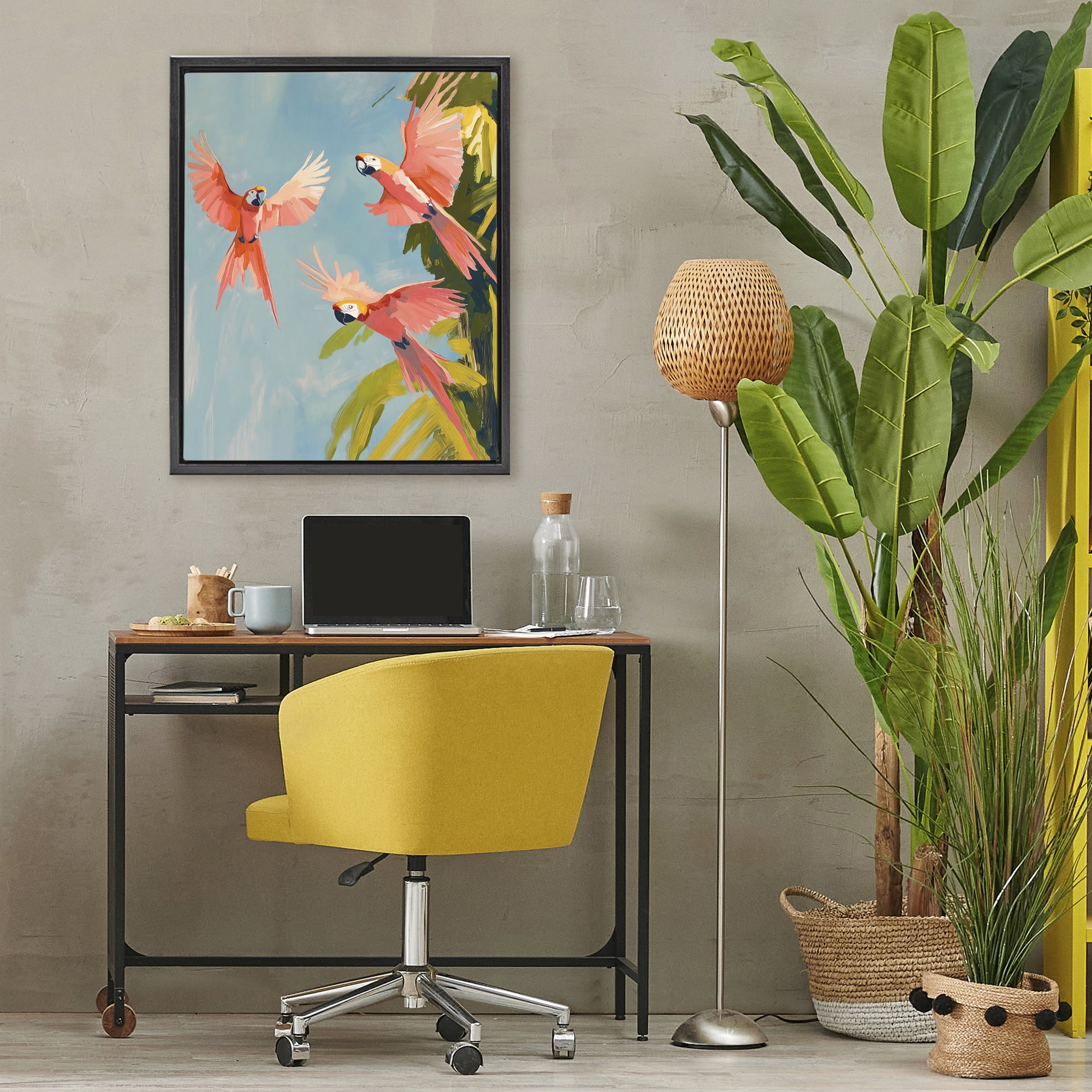Stupell Industries Botanical Parrots in Flight Black Framed Floater Canvas Wall Art, design by The Prints Vibe