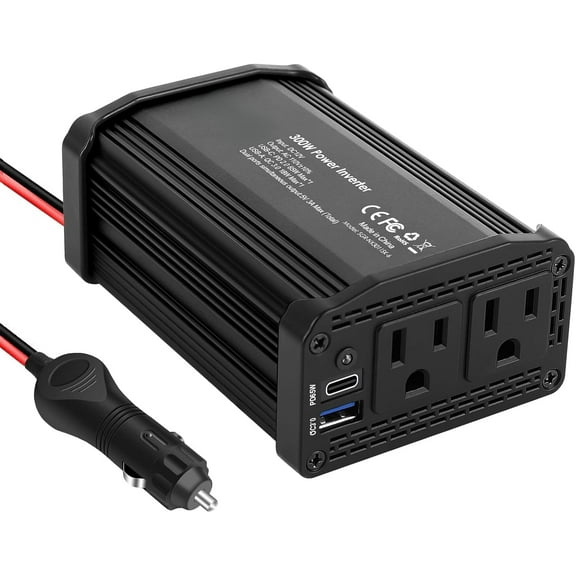 300W Car Power Inverter DC 12V to 110V AC for Vehicles Converter USB-C PD65W/18W Fast Charging Ports Car Charger Adapter (Black)