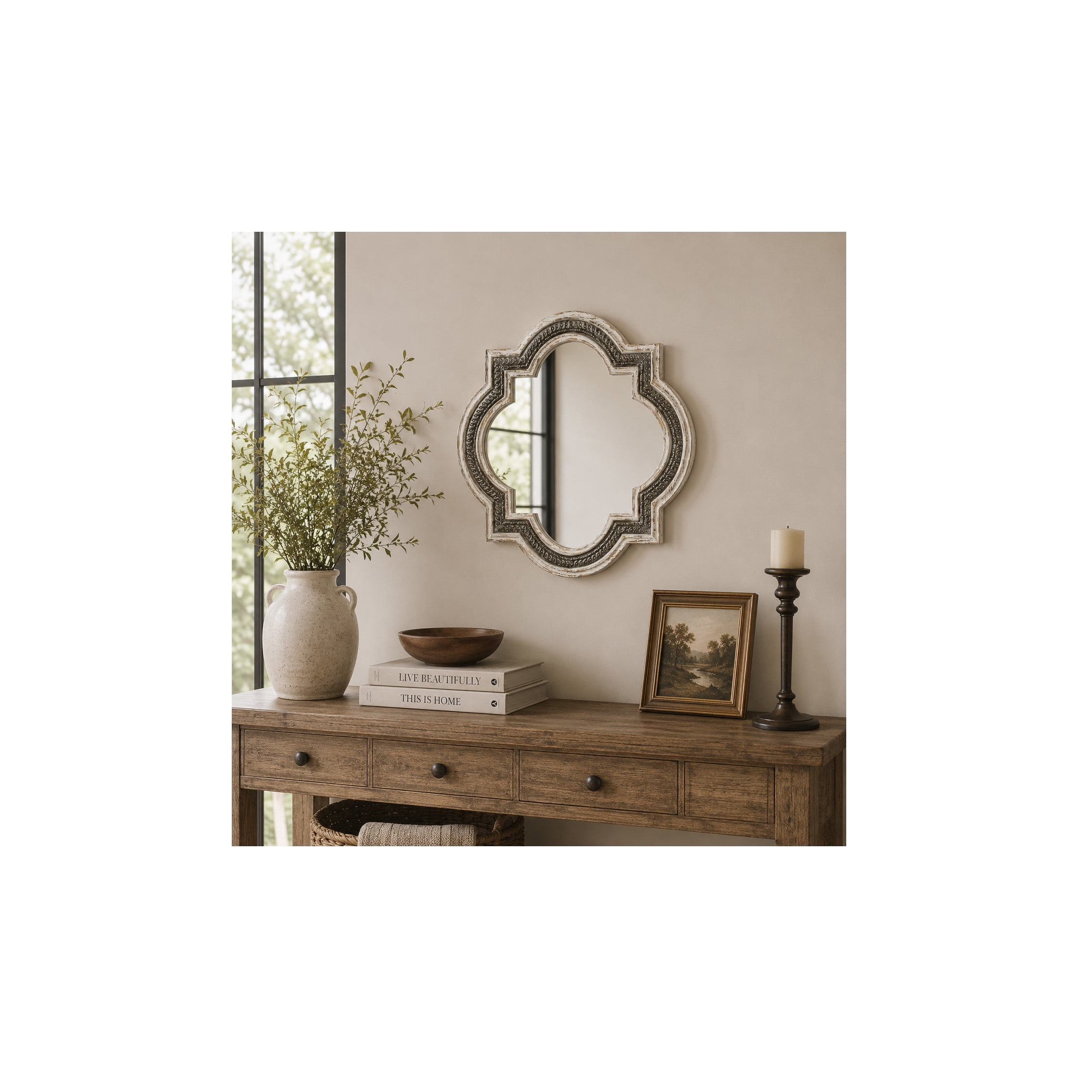 DecMode 30" x 30" White Quatrefoil Wall Mirror with Dark Gray Metal