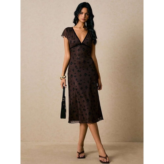 Women's Elegant Floral Print Mesh Midi Dress, Summer Fall Wedding Guest Dress