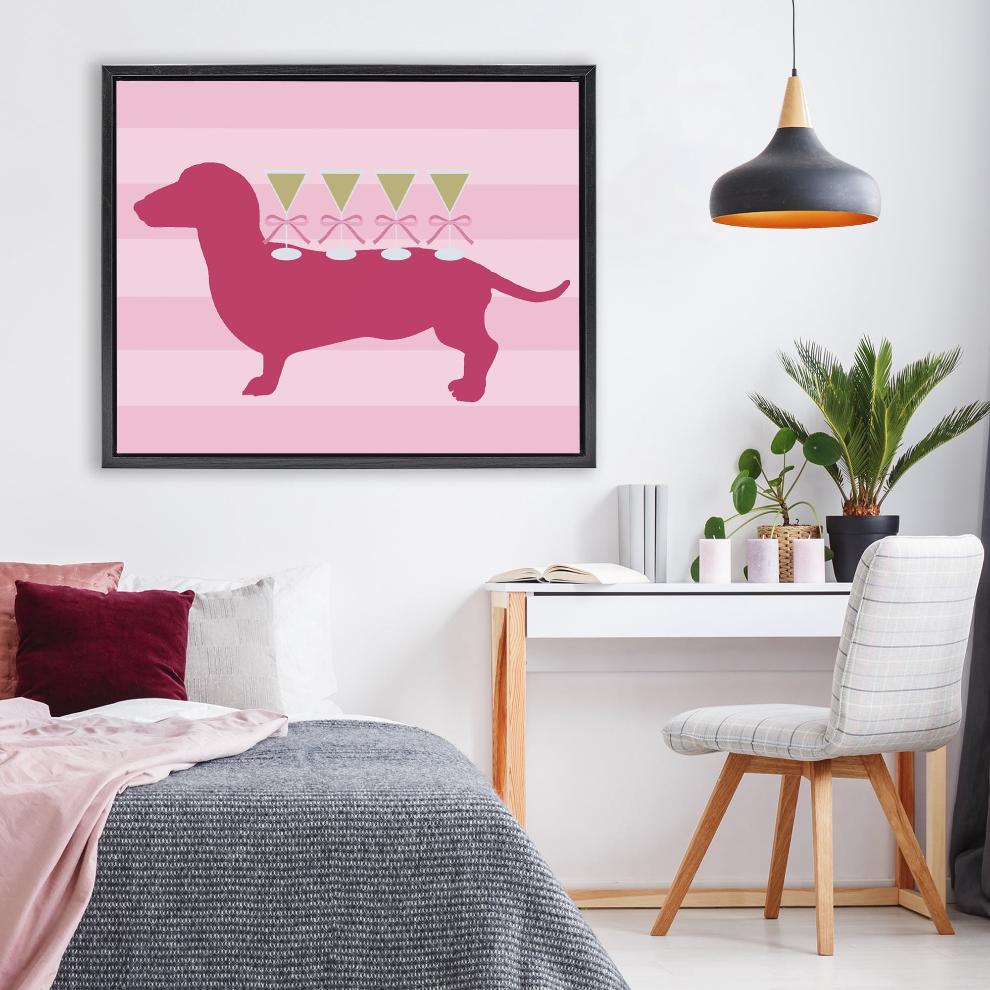 Stupell Industries Pink Dachshund With Martinis Black Framed Floater Canvas Wall Art, design by Lil' Rue