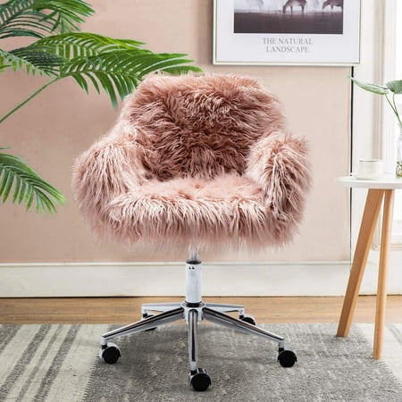 Modern Faux Fur Vanity Stool, Stylish Fluffy Upholstered Padded Dressing Chair, Height Adjustable Makeup Seat and Back w/ 360 Degree Swivel, Home Vanity Seat for Girls Bedroom Living Room, Pink, D2672