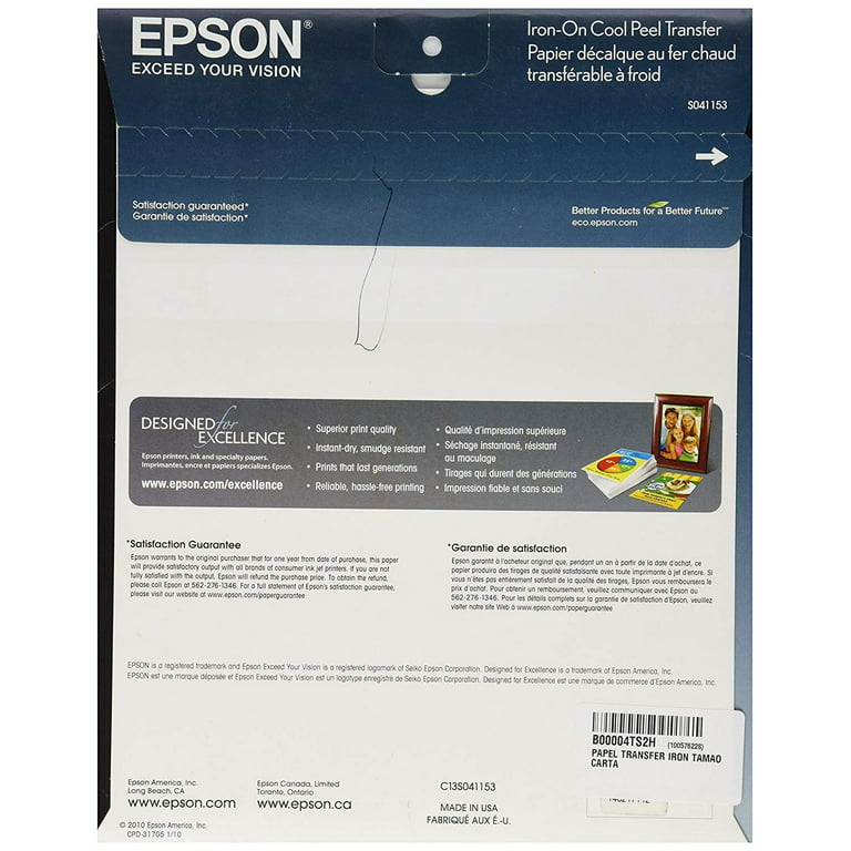 Epson Iron-On Cool Peel Transfer Paper (8.5 x 11, 10 Sheets)