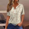 thumbnail image 2 of Floral Print Henley T-Shirt for Women, Short Sleeve V-Neck Button Top - Soft Summer Casual Tee with Slim Fit Beige XL, 2 of 8