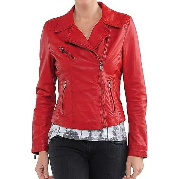 Womens Genuine Red Lambskin Leather Jacket Motorcycle Biker Leather Jacket W720