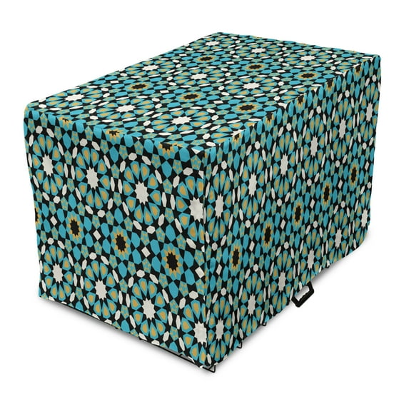 Moroccan Dog Crate Cover, Vintage Look Repetitive Geometry Inspired Art, Easy to Use Pet Kennel Cover Small Dogs Puppies Kittens, 7 Sizes, Sky Blue Reseda Green, by Ambesonne