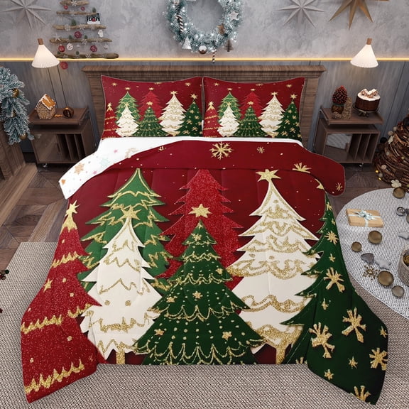 Manfei Chic Christmas Tree Bedding Comforter Set,Gold Sequin Print Twin Comforter Sets,Merry Xmas Bedding Set For Girls Kids,Microfiber Bedroom Decor Reversible,2pcs