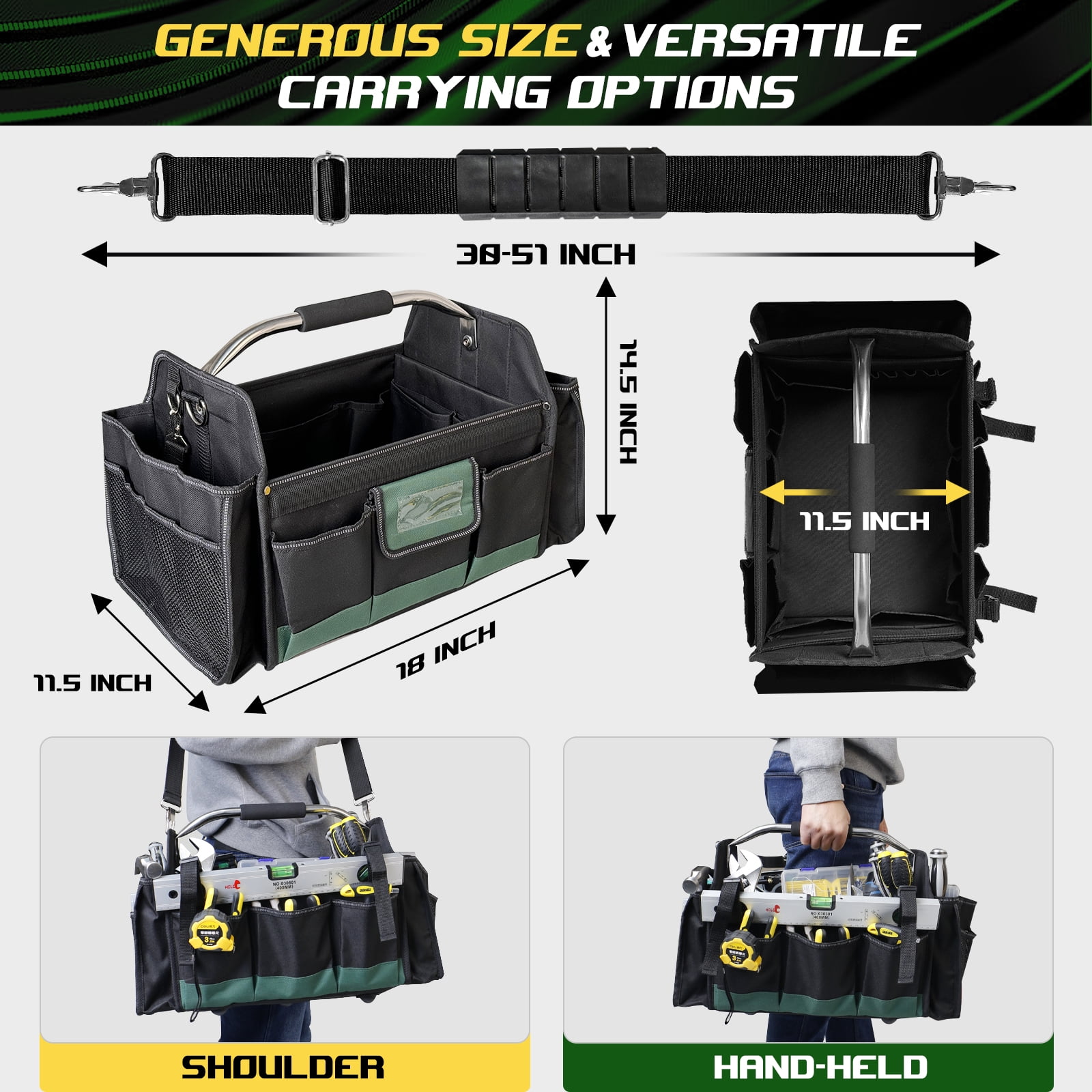18" Heavy Duty Tool Bag, Open Top Tool Tote for Electricians, 30 Pockets, 1680D Oxford Fabric, Foldable with Rotating Handle, Reflective Tool Bag, Green