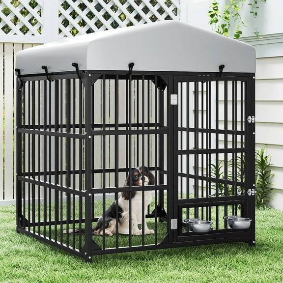 ModFusion Large Outdoor Dog Kennel with Roof, Heavy Duty Galvanized Iron Frame, Rotating Feeder Bowls, Waterproof & UV Resistant, 4.9’ft for Medium to Large Dogs