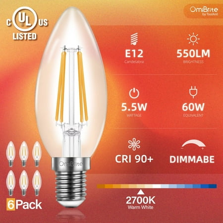 

OmiBrite Dimmable LED Chandelier Light Bulbs 6 Pack E12 Small Base CRI90+ 5.5w 550lm (60w Equivalent) Warm White UL-Listed