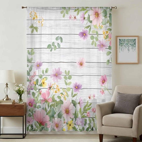 Pink Purple Flower Sheer Curtains 63 Inches Long, Spring Farmhouse Floral Leaf Wood Grain Light Filering Curtains, Breathable Simi Curtain Privacy Drapes for Living Room Bedroom Window Treatment