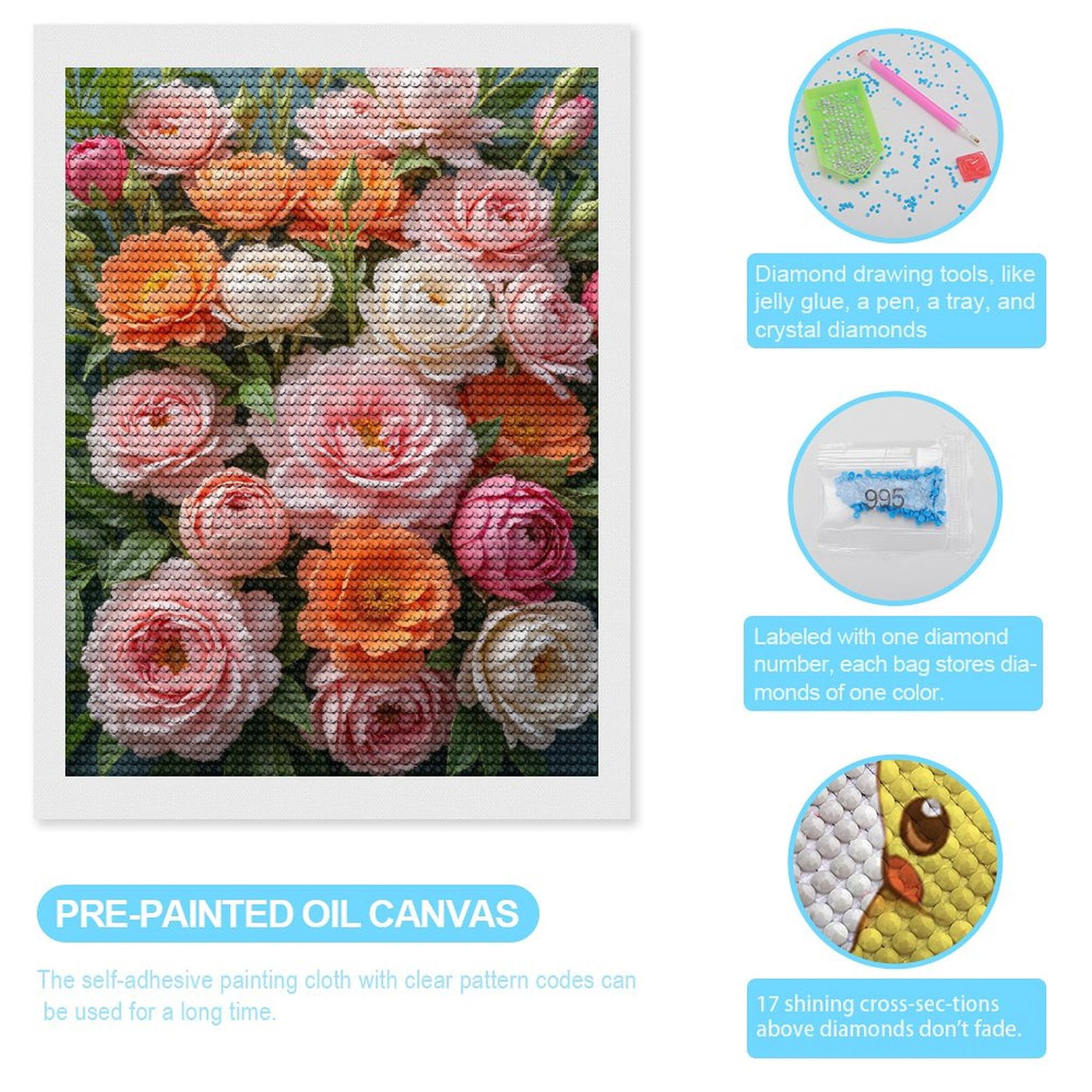 Diamond Art Kits for Adults, Peach Pink Floral Bloom Arrangement 5D Diamond Painting Kits for Adults Beginners, DIY Full Drill Diamond Painting, Gem Art and Crafts 12x16