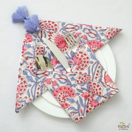 

Pigeon Blue Flamingo Pink Indian Hand Block Floral Printed Cotton Cloth Napkins Wedding Home Event School - Cocktail 20x20 - Dinner