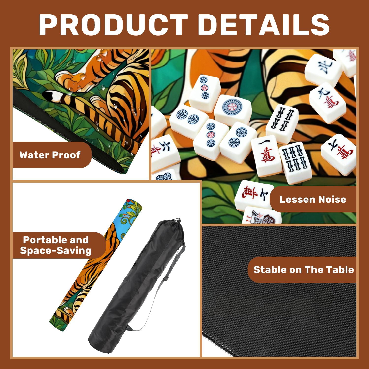 Mahjong Mat 31.5" x 31.5" Colorful Tiger Surrounded by Floral Design Vibrant Style Non-Slip Noise Reduction American Mahjong Tiles Table Cover for Dominoes Poker Card Board Games Gift