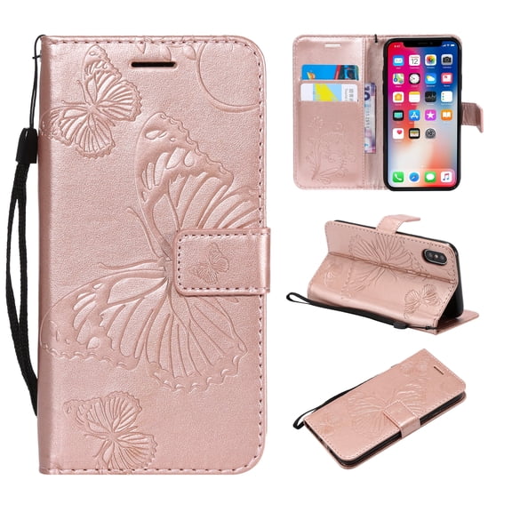 iPhone X/ XS Wallet case, Allytech Pretty Retro Embossed Butterfly Flower Design PU Leather Book Style Wallet Flip Case Cover for Apple iPhone X/ XS/ iPhone 10, Rosegold