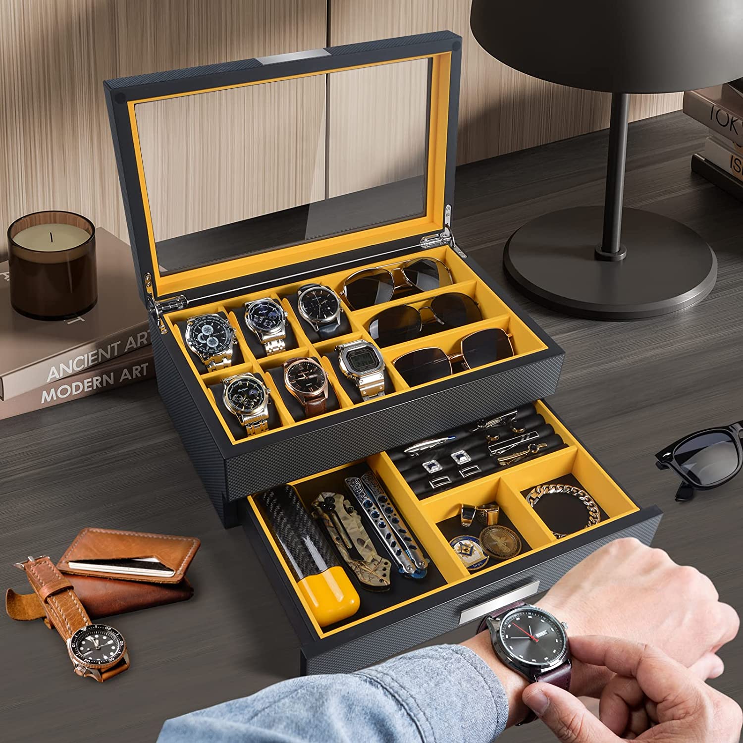 LESTAR Watch Box, Executive 6 Slots Watch Case with Valet, Glass Topped  Wooden Watch Display Case Watch Organizer, Jewelry Storage Case :  : Watches