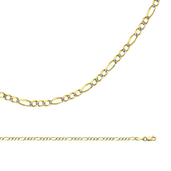 14k Yellow & White Gold Necklace Solid Figaro Chain Pave Diamond Cut Thin Two Tone 2.7 mm 16 inch