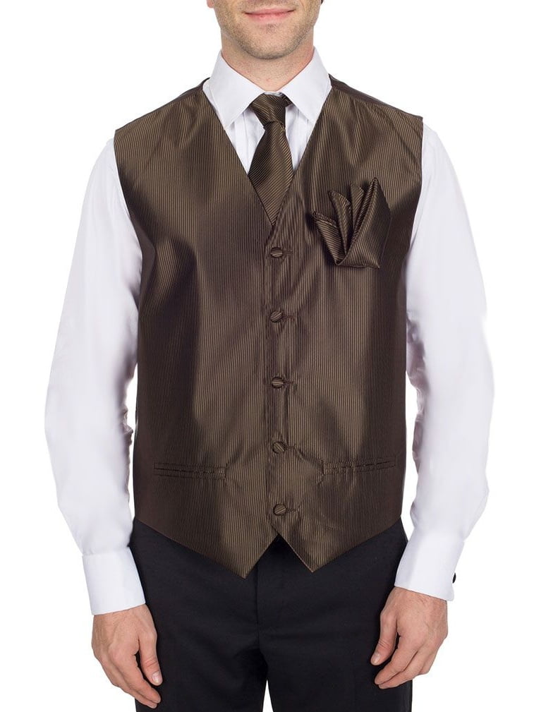 Men's Solid Fomal Vest, Tie, & Hanky Brown for Tuxedo and Suit