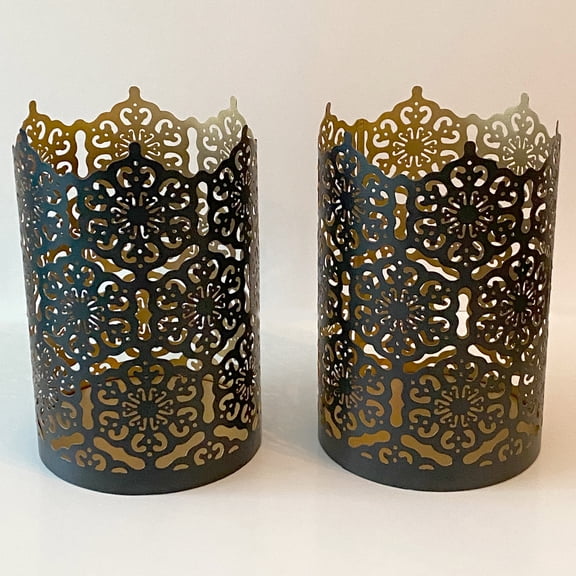 Hosley Set of 2, Flower 7 inch High Cut Bronze Metal Candle Holder & Lantern