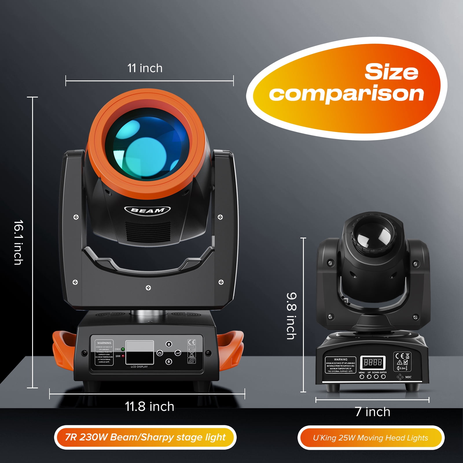 7R 230W Beam Sharpy Moving Head DJ Lights,2pack LED Stage Light 17 Gobos and 14 Colors DMX512 Control for Wedding Disco Club Lighting Party Christmas,Orange