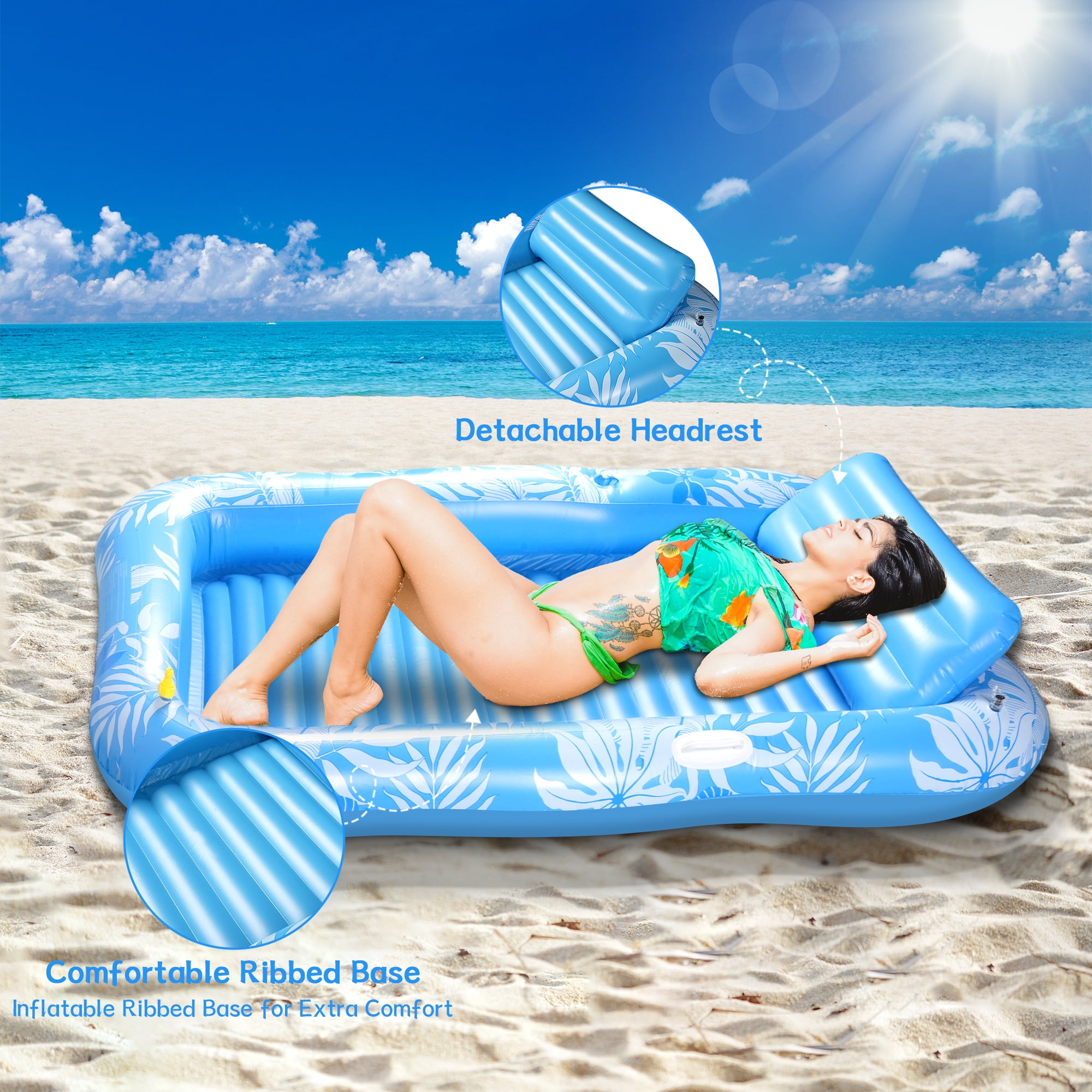 Inflatable Tanning Pool Lounger Float with Sprinkler, 81" x 51" Pool Floats Adult with Pillow, all in one Suntan Tub Raft Floatie with Drink Holder Sunbathing Water Lounge Blue
