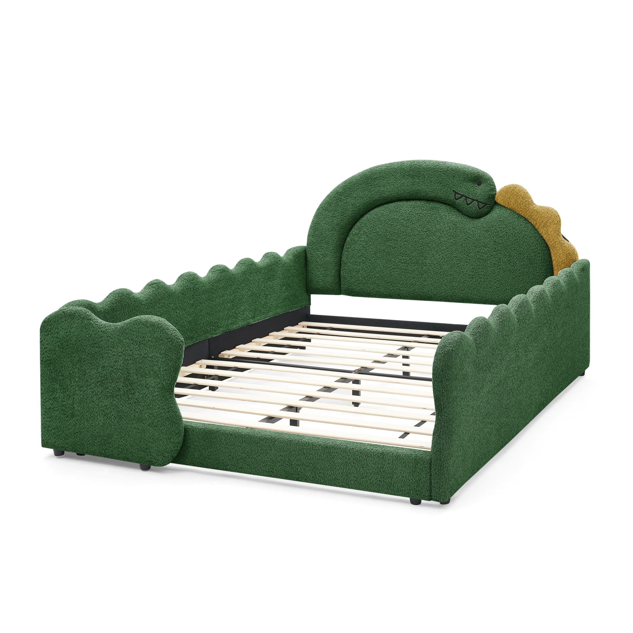 GDF Studio Full Size Cute Dinosaur Bed with Safety Guardrails & Solid Wood Frame, Boucle Fabric Upholstered Bed, Green