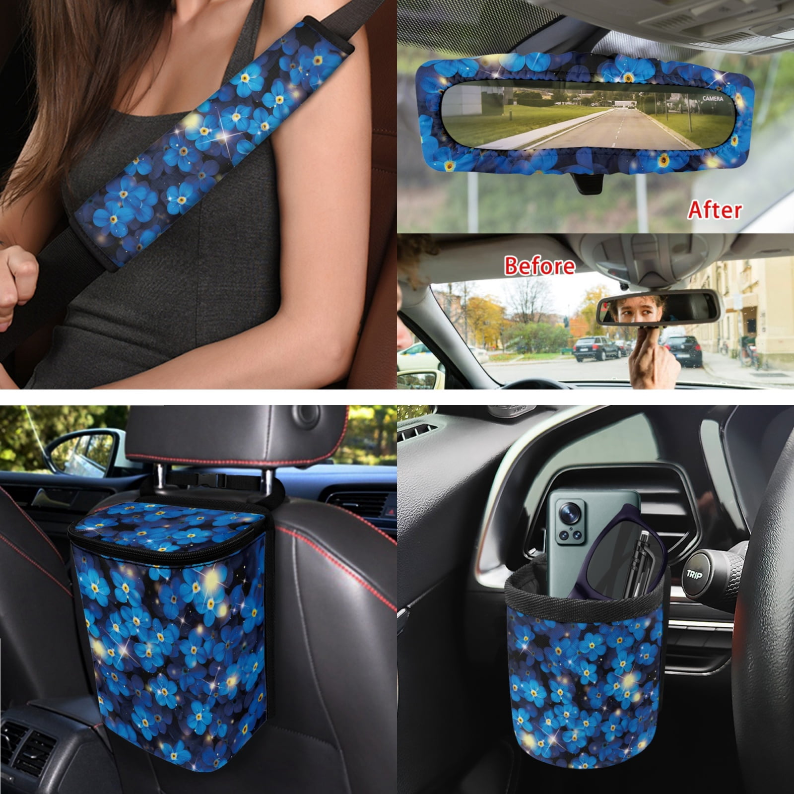 Yuyamidu 15 Pack Blue Flower Car Seat Cover Full Set Women Auto Seat Protector with Steering Wheel Cover Seat Belt Pads Trash Bin Air Vent Organizer Rear View Mirror Cover Coasters Key Chain