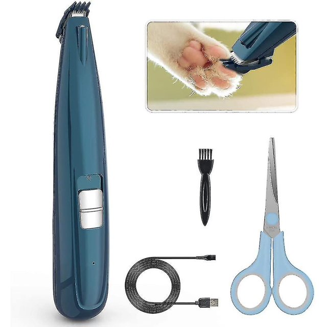 Dog Clippers, Pet Foot Hair Clippers With LED Light Dog Grooming Clippers. A compact grooming tool with a narrow head designed for small areas like paws, face, and ears. Includes a detachable guide comb for adjustable hair length, a cleaning brush, USB charging cable, and grooming scissors. Features two speed settings and an LED light for precision trimming.