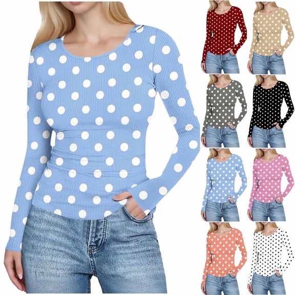 Women’s Polka Dot Slim Tops, Round Neck Pullover T-Shirt, Fall Long Sleeve Comfy Blouses