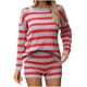 thumbnail image 4 of Conjunto de Ropa de Salón de las Mujeres de Punto a Rayas de Manga Larga Cuello Redondo Top + Pantalones, Tela Elástica Suave para el Hogar Y el Uso Diario, 4 of 7