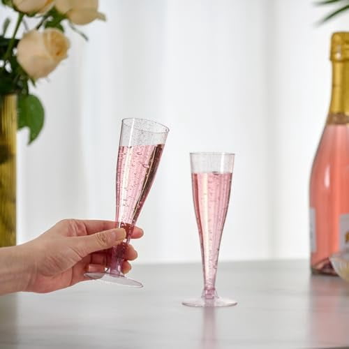 100 Pack Plastic Champagne Flutes Disposable 4.5 oz Purple Glitter Plastic Champagne Glasses Suitable for Wedding, Thanksgiving Day, Christmas