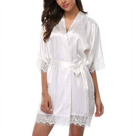 Women´s Silk Satin Robe Bride Bridesmaid Dress Wedding Kimono Bathrobe Sleepwear Silk Dress Pajamas Lace Stitching Sexy Half Sleeve Pajamas Nightdress Lingerie White XL