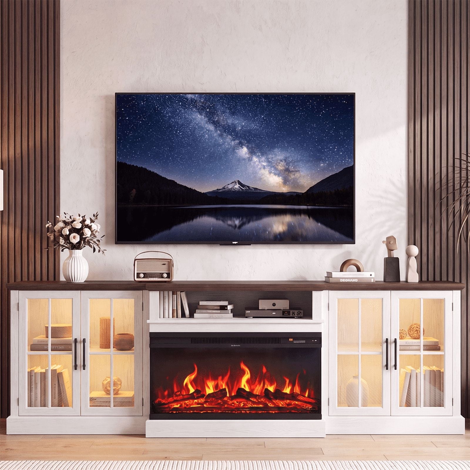 LazySunsets 98" Farmhouse TV Stand with Fireplace for TVs up to 100", Media Entertainment Center with Adjustable Shelves and Large Storage Cabinets, for Living Room, White