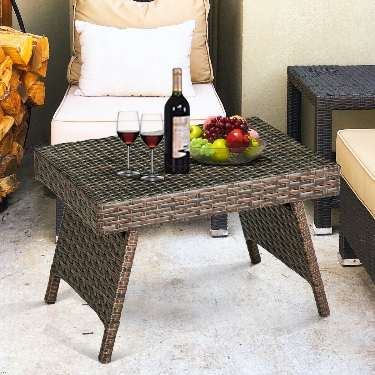 Folding Table Garden Outdoor Furniture Patio Rattan Drinks Sun Lounger Glass Top 